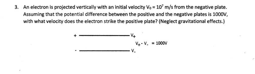 3. An electron is projected vertically with an initial velocity Vo = 107 m/s from the negative plate.
Assuming that the potential difference between the positive and the negative plates is 1000V,
with what velocity does the electron strike the positive plate? (Neglect gravitational effects.)
V+
V4 - V. = 1000V
V.

