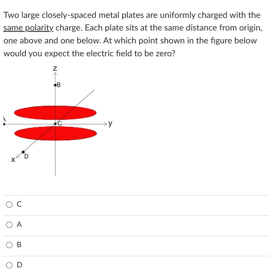Two large closely-spaced metal plates are uniformly charged with the
same polarity charge. Each plate sits at the same distance from origin,
one above and one below. At which point shown in the figure below
would you expect the electric field to be zero?
O
O
U
A
B
N<
B