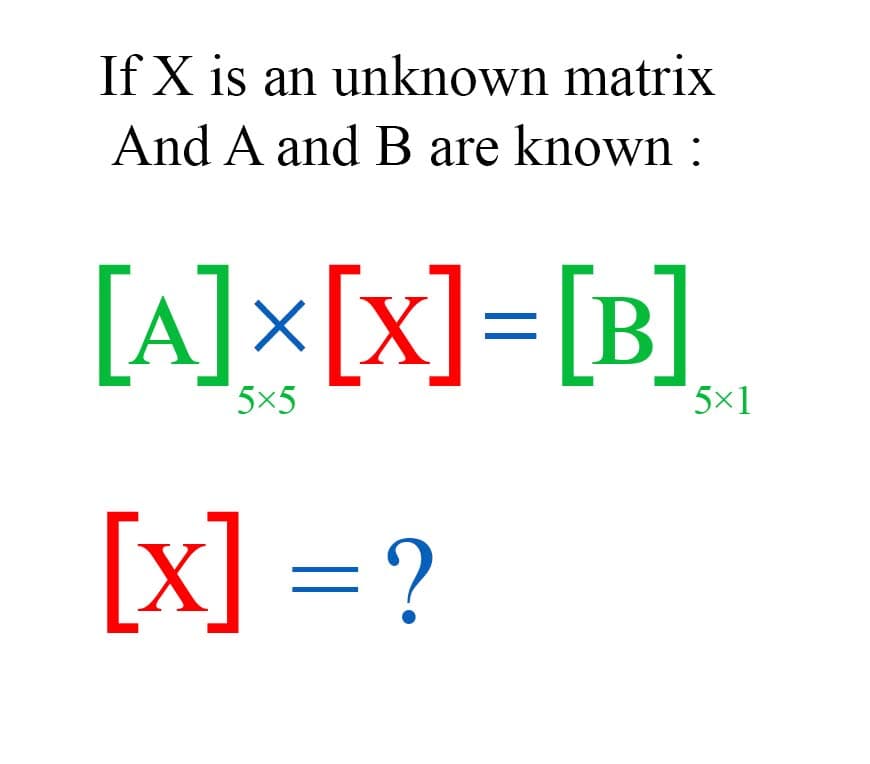 If X is an unknown matrix
And A and B are known :
[A]x[x]=[B]_
5x5
5×1
[x] =?
