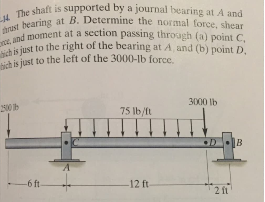 -14. The shaft is supported by a journal bearing at A and
thrust bearing at B. Determine the normal force, shear
orce, and moment at a section passing through (a) point C,
hich is just to the right of the bearing at A, and (b) point D,
hich is just to the left of the 3000-lb force.
2500 lb
-6 ft-
A
75 lb/ft
-12 ft-
3000 lb
D B
2 ft