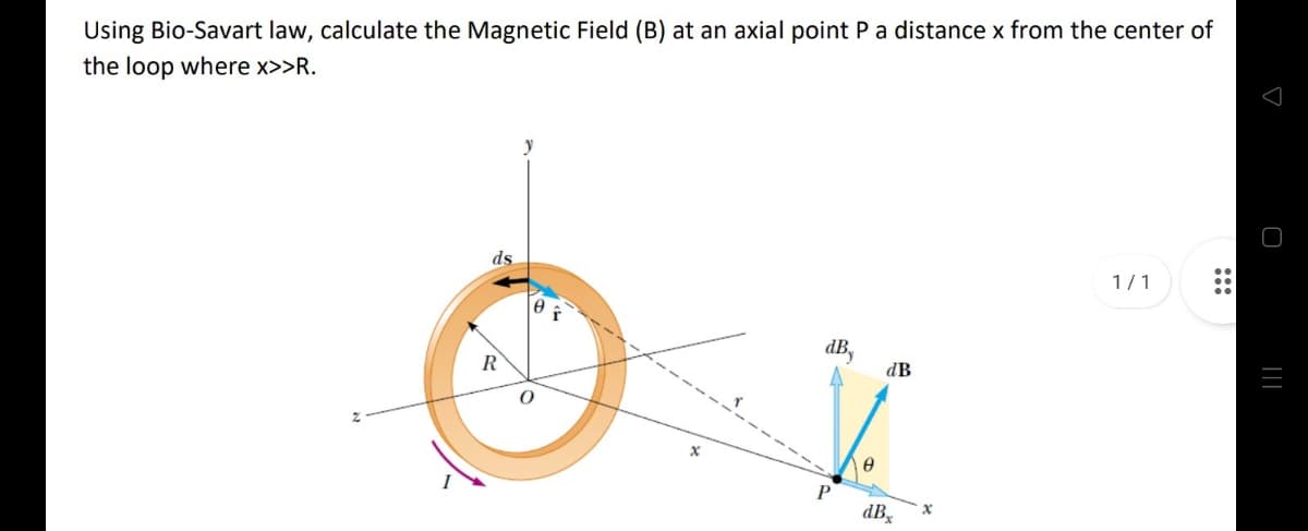 Using Bio-Savart law, calculate the Magnetic Field (B) at an axial point P a distance x from the center of
the loop where x>>R.
ds
1/1
dBy
R
dB
dBx
x