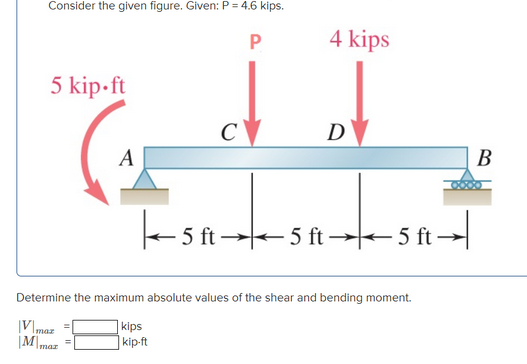Consider the given figure. Given: P = 4.6 kips.
4 kips
5 kip-ft
C
D
В
A
+ 5 ft 5 ft → 5 ft →
Determine the maximum absolute values of the shear and bending moment.
V\maz
\M\maz
| kips
] kip-ft
