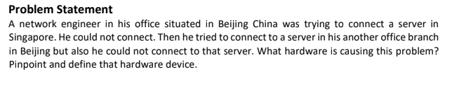 Problem Statement
A network engineer in his office situated in Beijing China was trying to connect a server in
Singapore. He could not connect. Then he tried to connect to a server in his another office branch
in Beijing but also he could not connect to that server. What hardware is causing this problem?
Pinpoint and define that hardware device.
