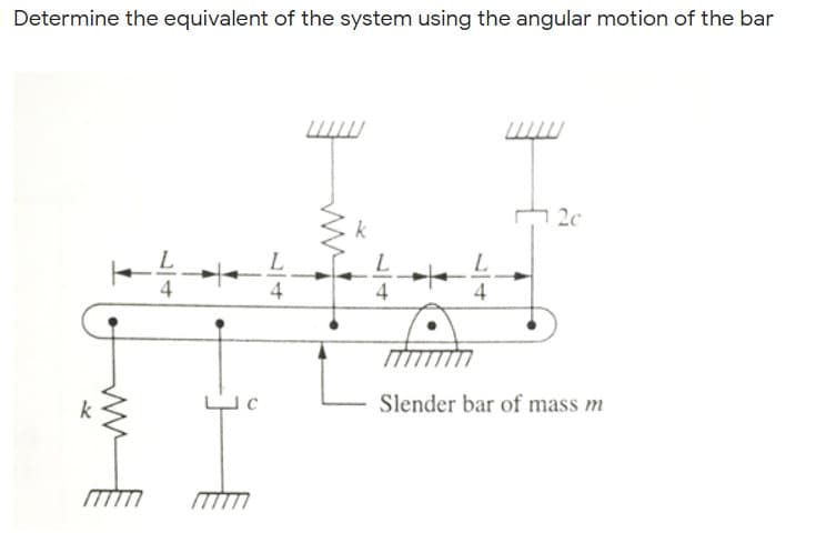 Determine the equivalent of the system using the angular motion of the bar
2c
k
4
Slender bar of mass m
1/7
1/4
