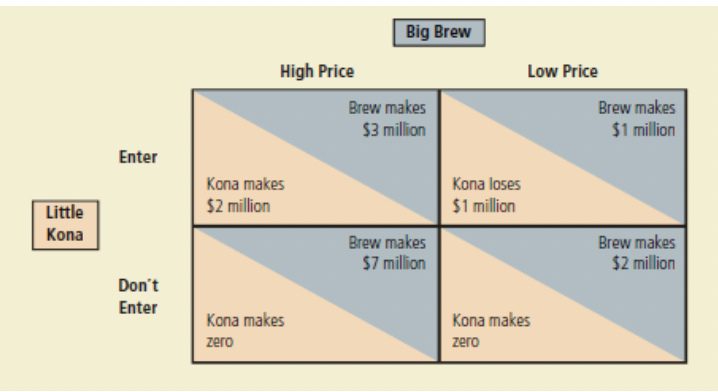 Big Brew
High Price
Low Price
Brew makes
Brew makes
$3 million
$1 million
Enter
Kona makes
Kona loses
Little
$2 million
$1 million
Kona
Brew makes
Brew makes
$7 million
$2 million
Don't
Enter
Kona makes
Kona makes
zero
zero
