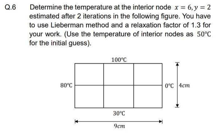Determine the temperature at the interior node x = 6,y = 2
estimated after 2 iterations in the following figure. You have
Q.6
to use Lieberman method and a relaxation factor of 1.3 for
your work. (Use the temperature of interior nodes as 50°C
for the initial guess).
100°C
80°C
0°C 4cm
30°C
9ст
