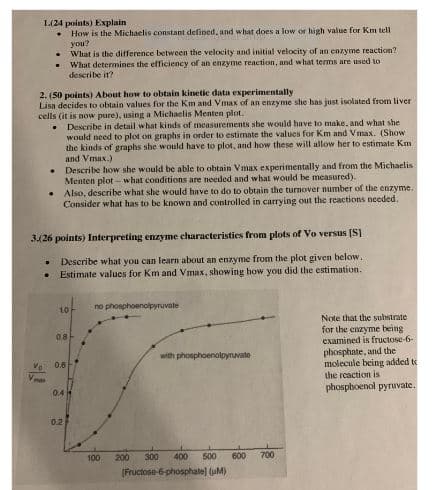 L(24 points) Explain
How is the Michaelis constant defined. and what does a low or high value for Km tell
you?
What is the difference between the velocity and initial velocity of an enzyme reaction?
What determines the efficiency of an enzyme reaction, and what terms are used to
describe it?
2. (50 points) About how to obtain kinetic data experimentally
Lisa decides to obtain values for the Km and Vmax of an enzyme she has just isolated from liver
cells (it is now pure), using a Michaelis Menten plot.
Describe in detail what kinds of measurements she would have to make, and what she
would need to plot on graphs in order to estimnte the values for Km and Vmax. (Show
the kinds of graphs she would have to plot, and how these will allow her to estimate Km
and Vmax.)
Describe how she would be able to obtain Vmax experimentally and from the Michaelis
Menten plot - what conditions are needed and what would be measured).
Also, describe what she would have to do to obtain the turnover number of the enzyme.
Consider what has to be known and controlled in carrying out the reactions needed.
3.(26 points) Interpreting enzyme characteristies from plots of Vo versus [S]
Describe what you can learn about an enzyme from the plot given below.
Estimate values for Km and Vmax, showing how you did the estimation.
10
no phonphoenolpyruvate
Note that the substrate
for the enzyme being
examined is fructose-6-
phosphate, and the
molecule being added to
the reaction is
0.8F
with phosphoenolpyruvate
0.6
mas
0.4
phosphoenol pyruvate.
02
100
200
300
400
500
600
700
(Fructose-6-phosphate) (uM)
