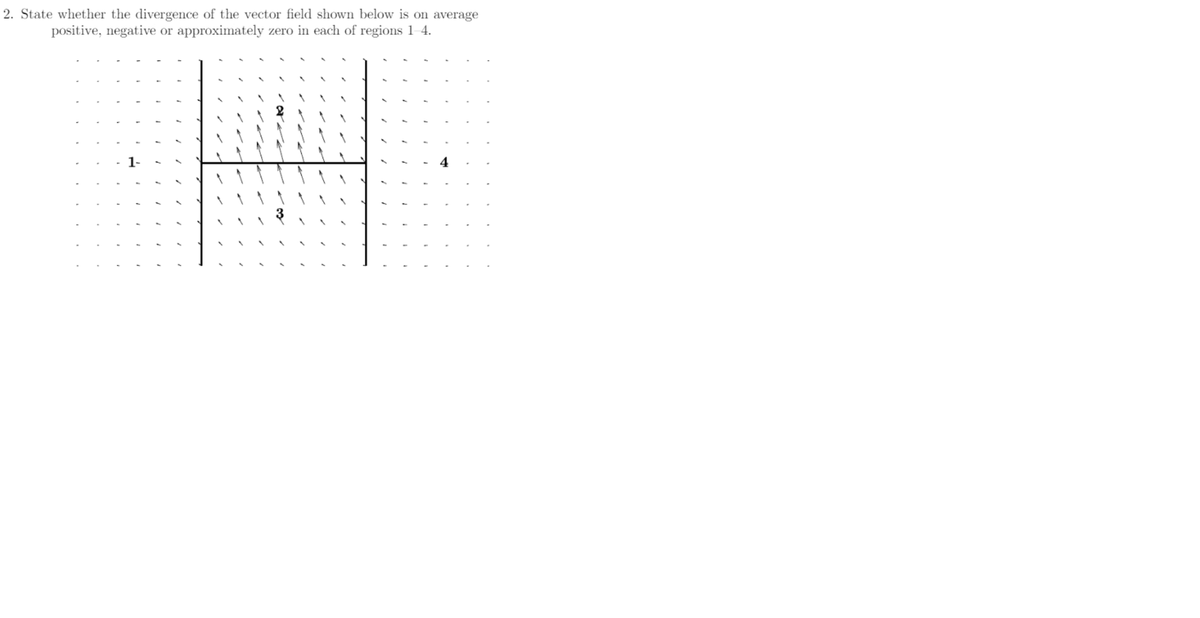 2. State whether the divergence of the vector field shown below is on average
positive, negative or approximately zero in each of regions 1-4.
1-
