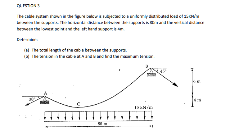 QUESTION 3
The cable system shown in the figure below is subjected to a uniformly distributed load of 15KN/m
between the supports. The horizontal distance between the supports is 80m and the vertical distance
between the lowest point and the left hand support is 4m.
Determine:
(a) The total length of the cable between the supports.
(b) The tension in the cable at A and B and find the maximum tension.
B
45
6 m
30°
[4 m
15 kN/m
80 m

