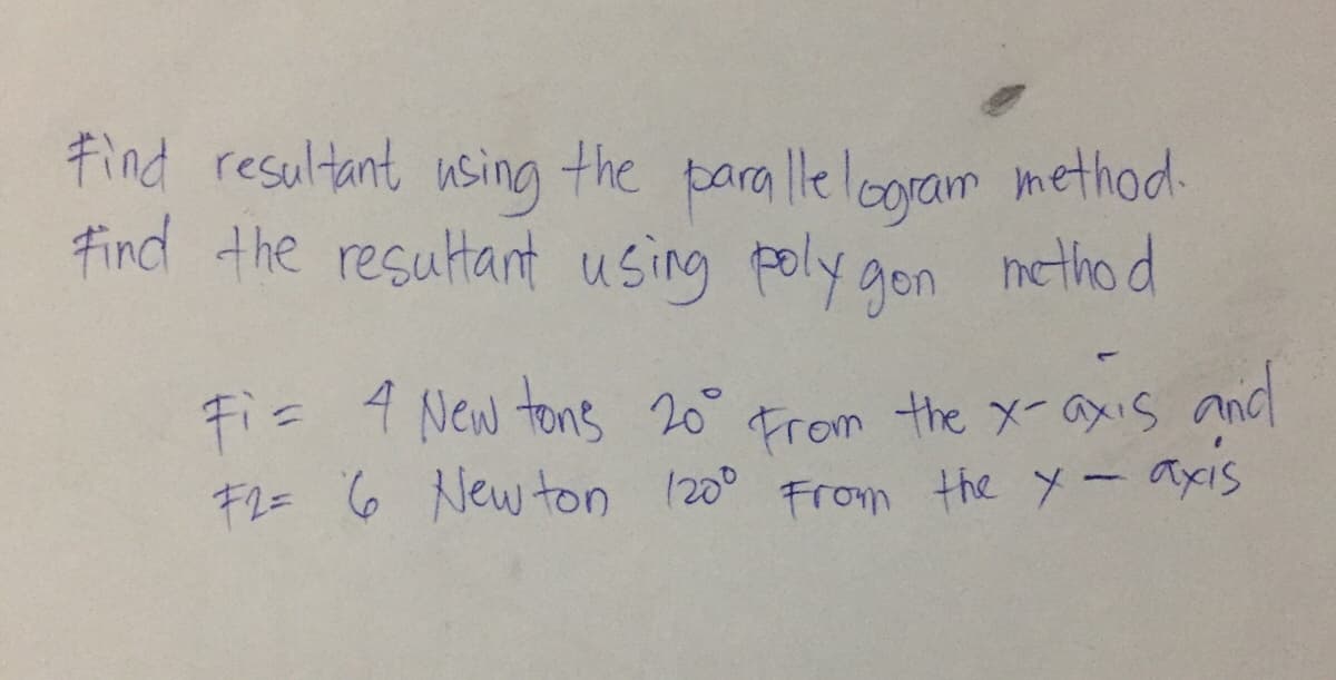 Find resultant using the para lle loram method.
Find the resultant using poly gon netho d
i= 4 New tons 6°trom the メ-のs and
From the x-axis and
キ2= 6 New ton 120° From the yー ayxrs
