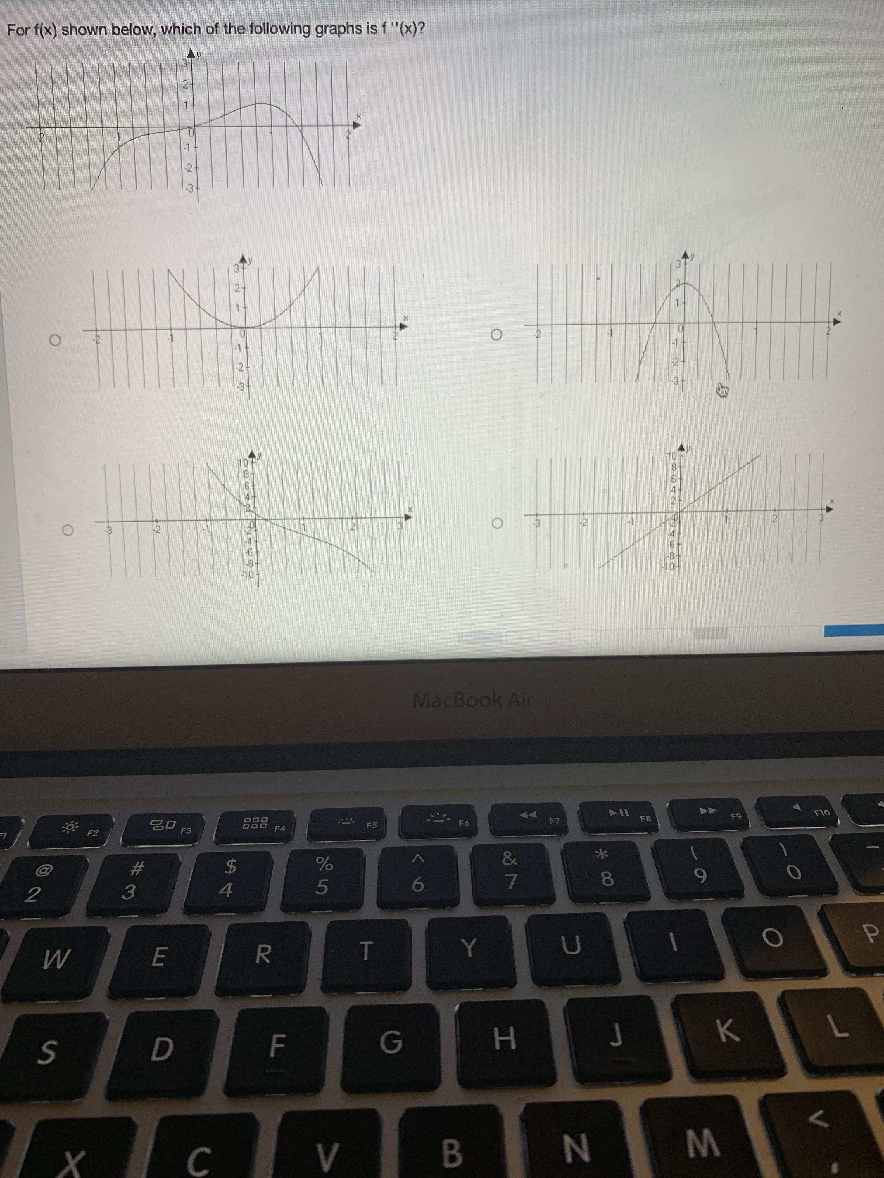 to
C.
7
H.
F
P.
7.
5.
4.
&
3.
2$
%23
F8
F7
44
F5
F4
F3
0吕
F2
MacBook Air
21
8-
8.
10
37
1.
2.
37
1.
2-
For f(x) shown below, which of the following graphs is f "(x)?
