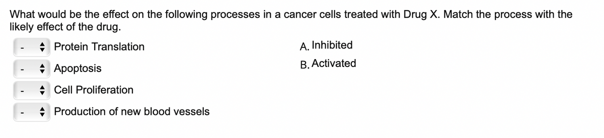What would be the effect on the following processes in a cancer cells treated with Drug X. Match the process with the
likely effect of the drug.
Protein Translation
Apoptosis
Cell Proliferation
Production of new blood vessels
A. Inhibited
B. Activated