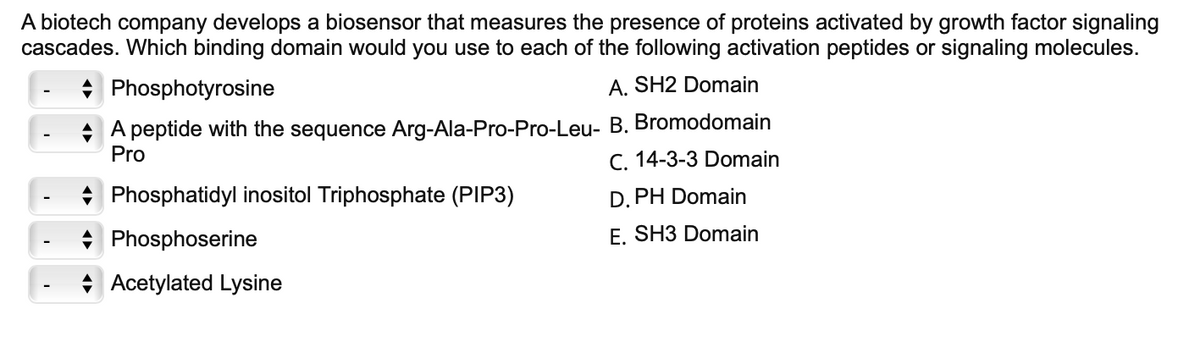 A biotech company develops a biosensor that measures the presence of proteins activated by growth factor signaling
cascades. Which binding domain would you use to each of the following activation peptides or signaling molecules.
Phosphotyrosine
A. SH2 Domain
A peptide with the sequence Arg-Ala-Pro-Pro-Leu- B. Bromodomain
Pro
C. 14-3-3 Domain
◆ Phosphatidyl inositol Triphosphate (PIP3)
Phosphoserine
Acetylated Lysine
D.PH Domain
E. SH3 Domain