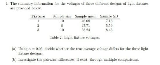 4. The summary information for the voltages of three different designs of light fixtures
are provided below.
Sample size Sample mean Sample SD
46.68
Fixture
10
7.16
2
3
8
47.71
58.24
5.59
8.43
10
Table 2: Light fixture voltages.
(a) Using a = 0.05, decide whether the true average voltage differs for the three light
fixture designs.
(b) Investigate the pairwise differences, if exist, through multiple comparisons.
