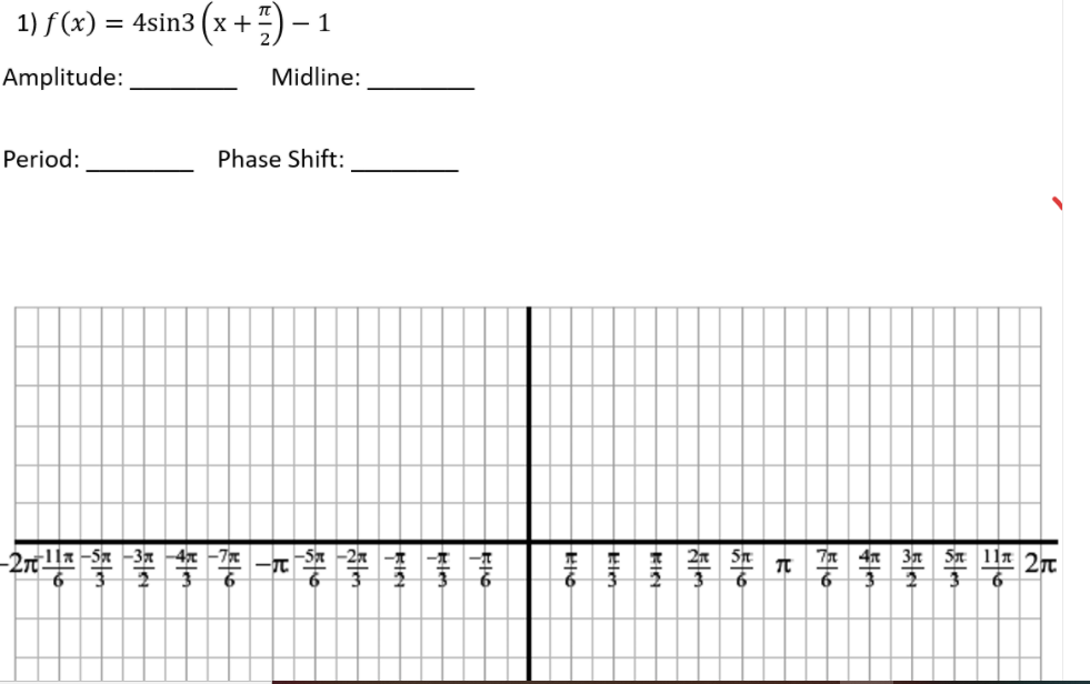 1) f (x) = 4sin3 (x +-) –
- 1
Amplitude:
Midline:
Period:
Phase Shift:
學一
4 3n 5n 11x 2T
