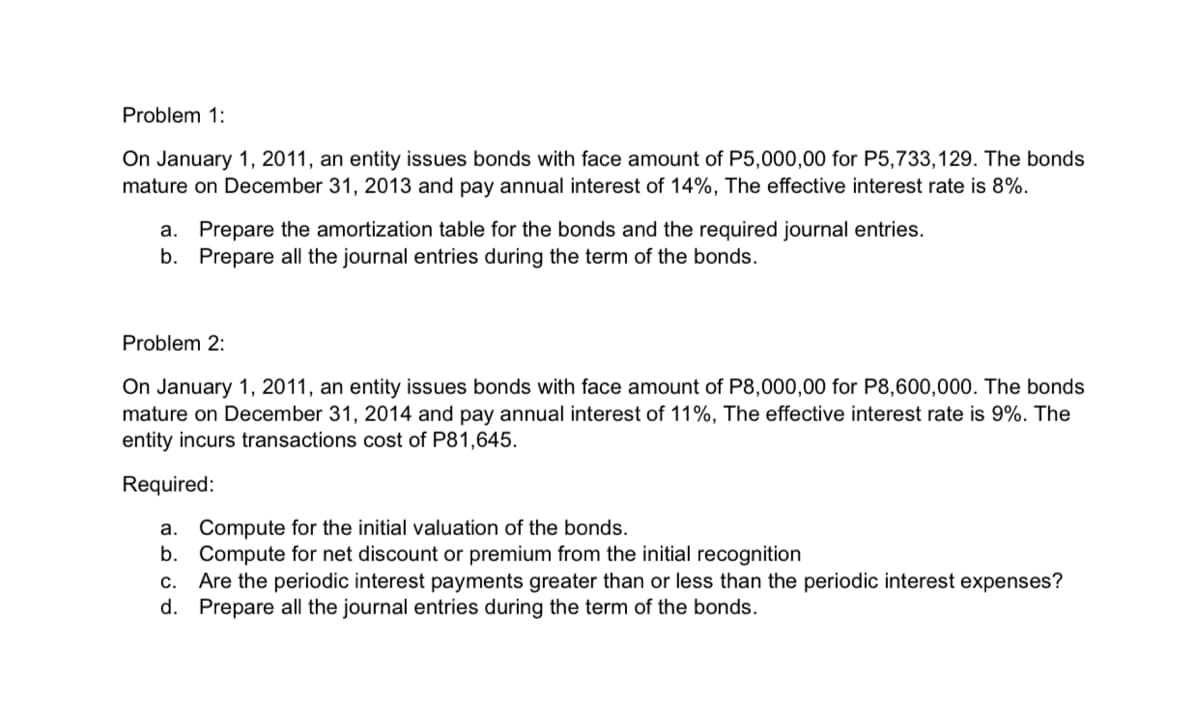 Problem 1:
On January 1, 2011, an entity issues bonds with face amount of P5,000,00 for P5,733,129. The bonds
mature on December 31, 2013 and pay annual interest of 14%, The effective interest rate is 8%.
a. Prepare the amortization table for the bonds and the required journal entries.
b. Prepare all the journal entries during the term of the bonds.
Problem 2:
On January 1, 2011, an entity issues bonds with face amount of P8,000,00 for P8,600,000. The bonds
mature on December 31, 2014 and pay annual interest of 11%, The effective interest rate is 9%. The
entity incurs transactions cost of P81,645.
Required:
a. Compute for the initial valuation of the bonds.
b. Compute for net discount or premium from the initial recognition
C. Are the periodic interest payments greater than or less than the periodic interest expenses?
d. Prepare all the journal entries during the term of the bonds.