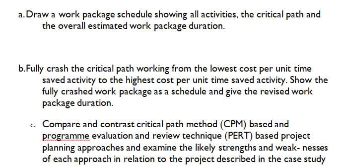 a. Draw a work package schedule showing all activities, the critical path and
the overall estimated work package duration.
b.Fully crash the critical path working from the lowest cost per unit time
saved activity to the highest cost per unit time saved activity. Show the
fully crashed work package as a schedule and give the revised work
package duration.
Compare and contrast critical path method (CPM) based and
programme evaluation and review technique (PERT) based project
planning approaches and examine the likely strengths and weak- nesses
of each approach in relation to the project described in the case study
C.
