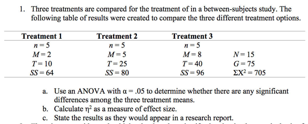 1. Three treatments are compared for the treatment of in a between-subjects study. The
following table of results were created to compare the three different treatment options
Treatment 1
Treatment 2
Treatment 3
n = 5
M=2
n = 5
n = 5
M=5
M= 8
N=15
T= 10
T= 25
T= 40
G=75
SS = 64
SS = 80
SS = 96
ΣΧ705
%3D
a. Use an ANOVA with a = .05 to determine whether there are any significant
differences among the three treatment means.
b. Calculate n² as a measure of effect size.
c. State the results as they would appear in a research report.
