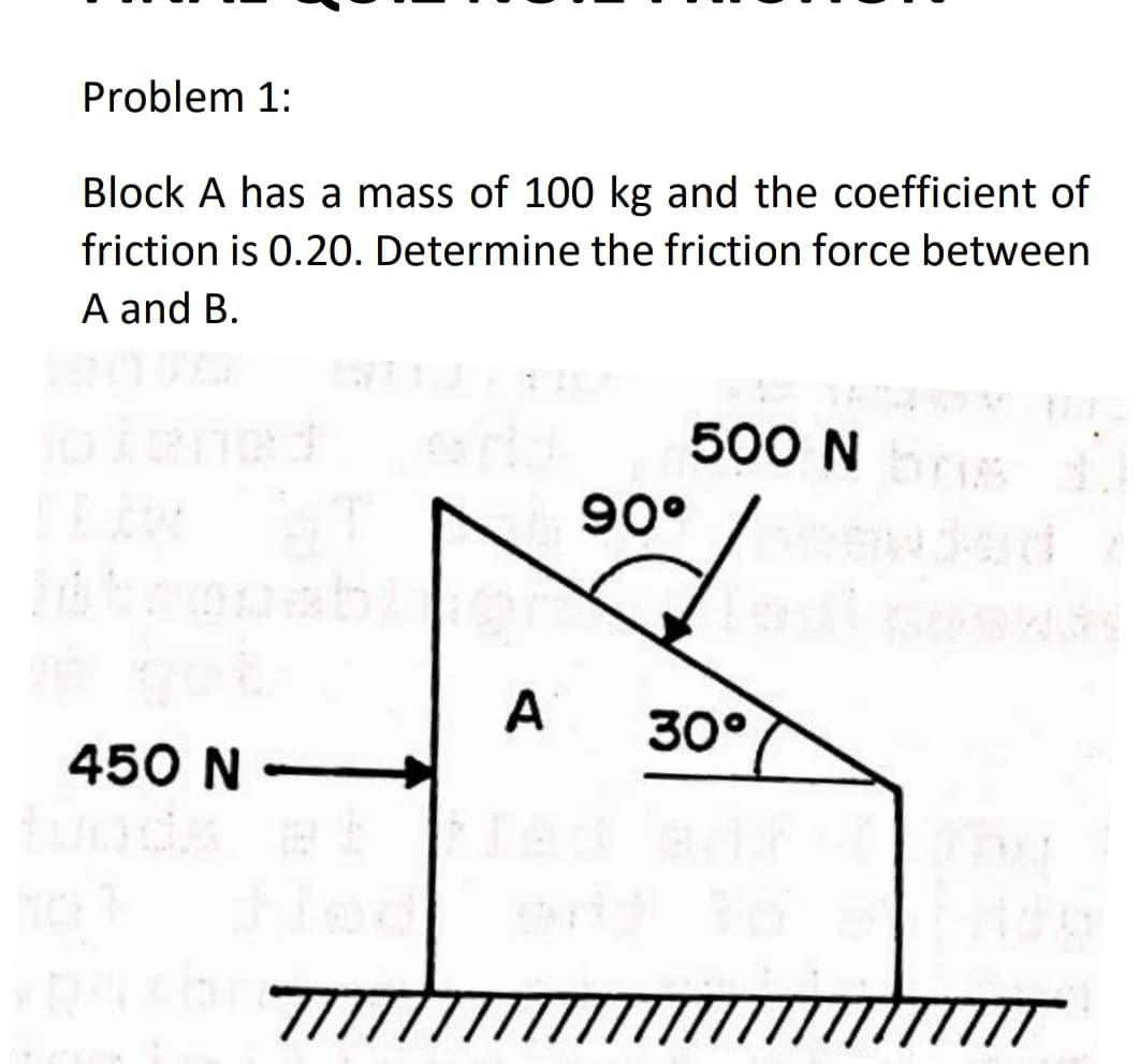 Problem 1:
Block A has a mass of 100 kg and the coefficient of
friction is 0.20. Determine the friction force between
A and B.
500 N
90°
A
30°
450 N -
