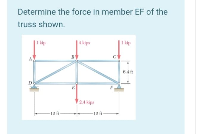 Determine the force in member EF of the
truss shown.
|1 kip
| 4 kips
1 kip
B
C
6.4 ft
D
E
2.4 kips
-12 ft-
-12 ft-
