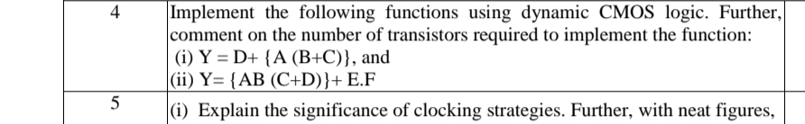 Implement the following functions using dynamic CMOS logic. Further,
comment on the number of transistors required to implement the function:
| (i) Y = D+ {A (B+C)}, and
|(ii) Y= {AB (C+D)}+ E.F
4
5
|(i) Explain the significance of clocking strategies. Further, with neat figures,
