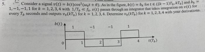 Consider a signal v(t) = b(t)cos? (@gt + 0). As in the figure, b(t) = by fort E (k - 1)Tp,kTbl and Dk
1,-1,-1,1 fork = 1,2,3, 4 with 1/T, « fo. v(t) passes through an integrator that takes integration on Deion
every Th seconds and outputs vo(kT,) fork = 1.2. 3.4. Determine vo(kT) for k = 1,2,3,4 with your derivations.
5.
%3D
%3D
b(t) .
1.
-1
-1
1
4
t(Tp)
2
