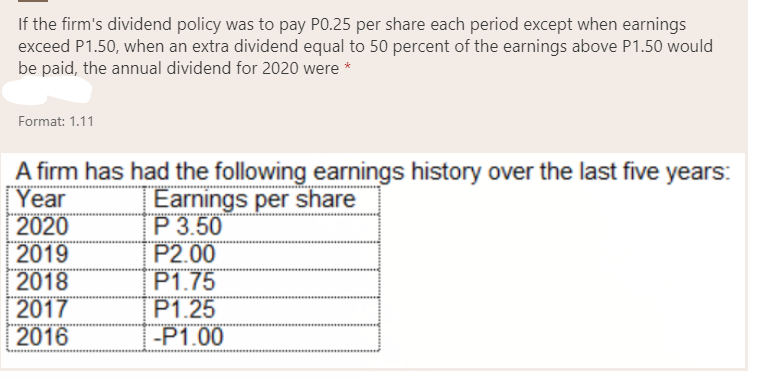 If the firm's dividend policy was to pay PO.25 per share each period except when earnings
exceed P1.50, when an extra dividend equal to 50 percent of the earnings above P1.50 would
be paid, the annual dividend for 2020 were *
Format: 1.11
A firm has had the following earnings history over the last five years:
Year
2020
2019
2018
2017
Earnings per share
P 3.50
P2.00
P1.75
P1.25
-P1.00
2016
