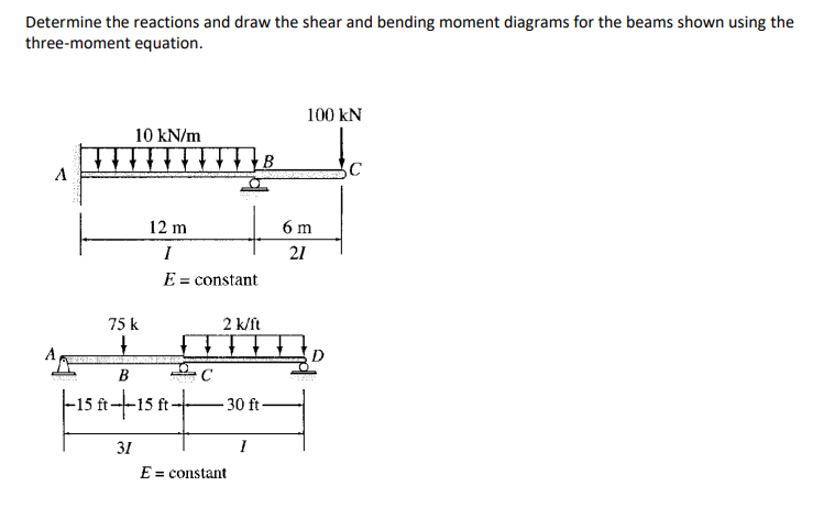 Determine the reactions and draw the shear and bending moment diagrams for the beams shown using the
three-moment equation.
100 kN
10 kN/m
B
A
12 m
6 m
I
21
E = constant
75 k
2 k/ft
D
B
C
-15 ft-
- 30 ft
--15 ft
31
E = constant
