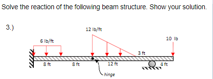Solve the reaction of the following beam structure. Show your solution.
3.)
12 Ib/ft
10 lb
6 Ib/ft
3 ft
8 ft
8 ft
12 ft
4 ft
- hinge
