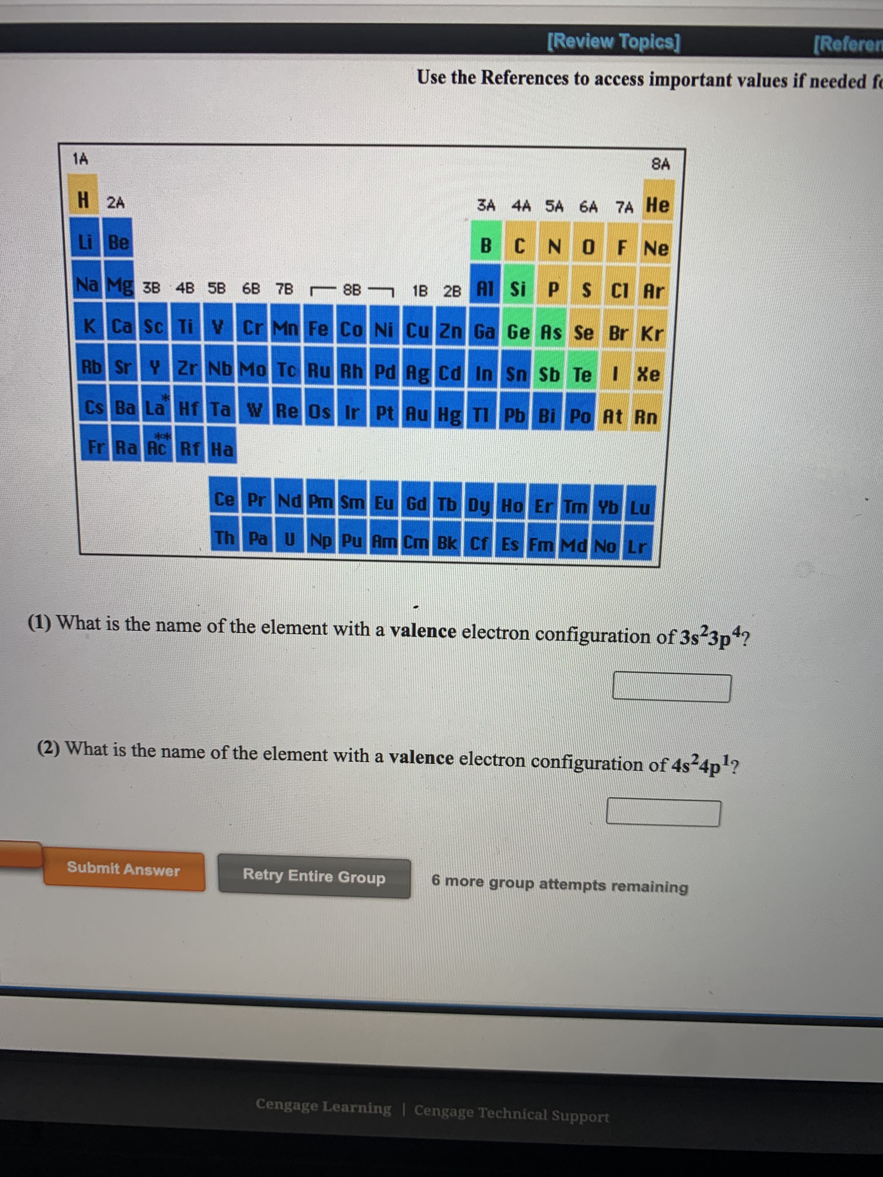 (1) What is the name of the element with a valence electron configuration of 3s-3p*?
(2) What is the name of the element with a valence electron configuration of 4s²4p?
