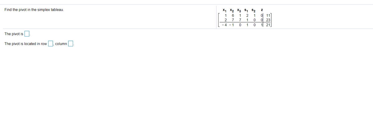 Find the pivot in the simplex tableau.
X1 X2 X3 s1 S2
ol 11
0 23
1 21
1
2
1
2
7
7
1
- 4
- 1
The pivot is
The pivot is located in row
|, column
