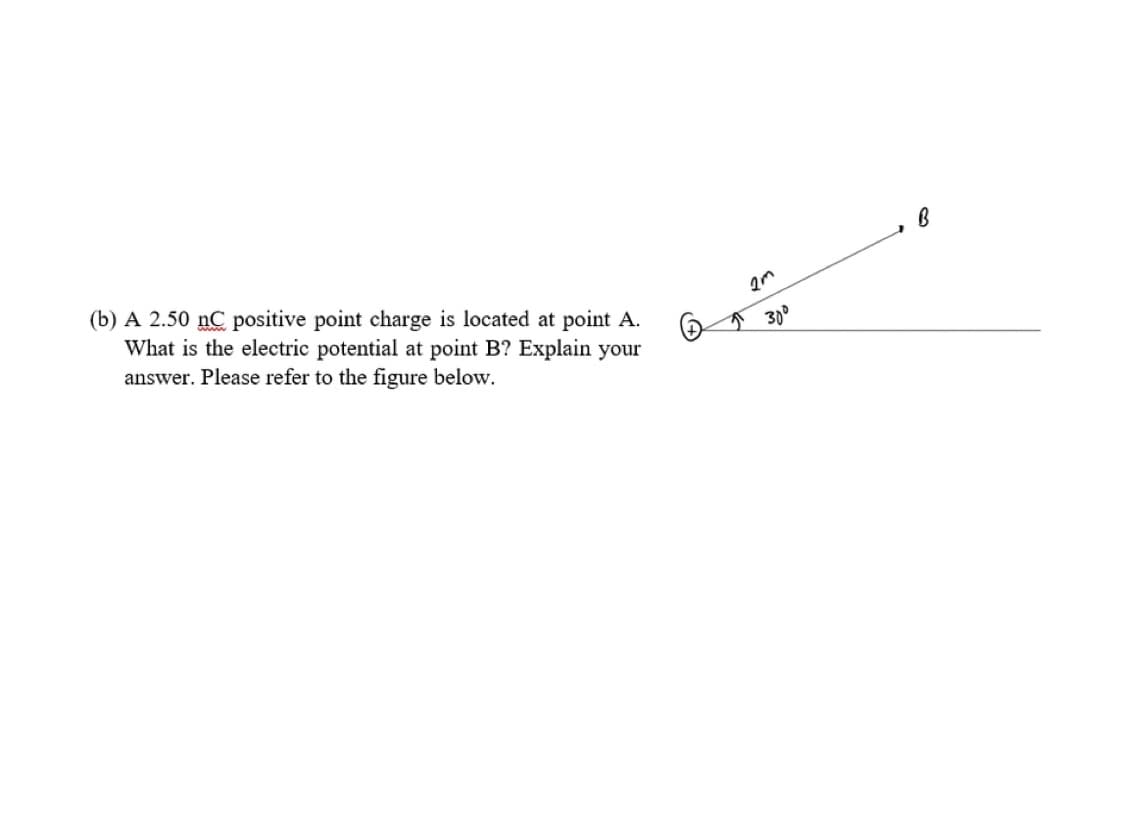 (b) A 2.50 nC positive point charge is located at point A.
What is the electric potential at point B? Explain your
answer. Please refer to the figure below.
2m
30⁰