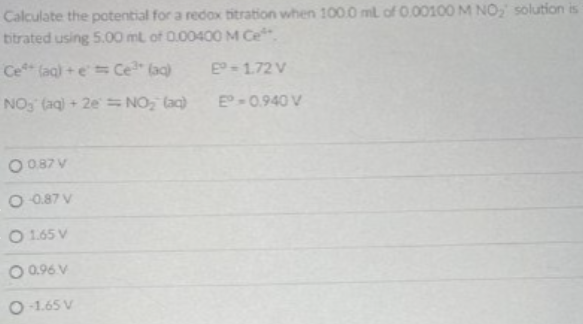 Calculate the potential for a redox titration when 100.0 mL of 0.00100 M NO₂ solution is
titrated using 5.00 mL of 0.00400 M Ce**.
Ce+ (aq) +eCe³+ (aq)
E-1.72 V
NO₂ (aq) + 2e = NO₂ (aq)
E-0.940 V
O 0.87 V
O-0.87 V
O 1.65 V
O 0.96 V
O-1.65 V