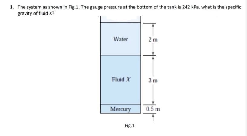 1. The system as shown in Fig.1. The gauge pressure at the bottom of the tank is 242 kPa. what is the specific
gravity of fluid X?
Water
2 m
Fluid X
3 m
Mercury
0.5 m
Fig.1
