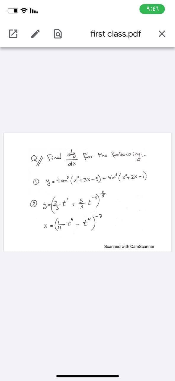 9:E7
first class.pdf
/ Finel dy
dx
Por the following..
O y-tan (x+3x-5) + sin (x+ 2x -1)
%3D
4
X =
Scanned with CamScanner

