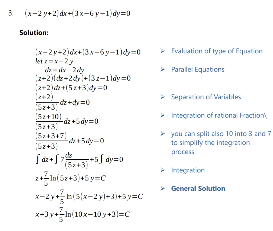 3.
(x-2 y+2)dx+(3x-6y-1)dy=0
Solution:
> Evaluation of type of Equation
(x-2y+2)dx+(3x-6y-1)dy=0
let z=x-2 y
dz=dx-2 dy
(z+2)(dz+2dy)+(3z-1)dy=0
(z+2)dz+(5 z+3)dy=0
(z+2)
(5z+3)
(5z+10) dz+5dy=0
(5z+3)
(5z+3+7)
(5z+3)
> Parallel Equations
%3D
|
> Separation of Variables
-dz+dy=0
> Integration of rational Fraction\
-dz +5 dy=0
> you can split also 10 into 3 and 7
to simplify the integration
dz
process
S dz+
-+5J dy=0
f 7
(5z+3)
> Integration
z+In(5z+3)+5 y=C
> General Solution
7
x-2 y+ In (5(x-2 y)+3)+5y=C
7
x+3 y+In(10x-10 y +3)=C
5
