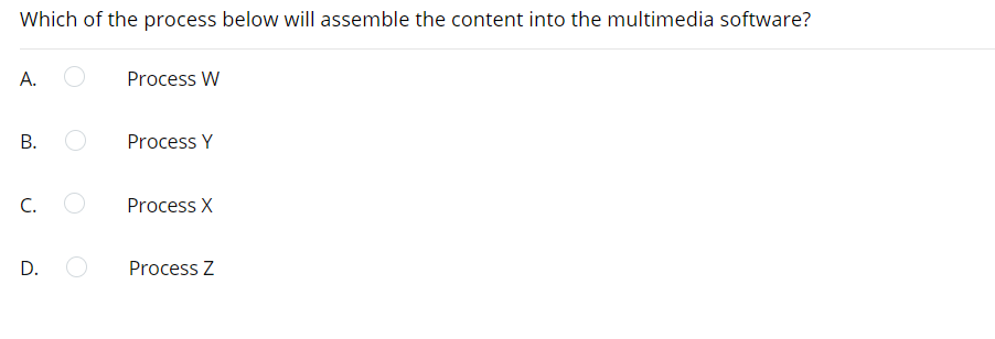 Which of the process below will assemble the content into the multimedia software?
A.
Process W
Process Y
C.
Process X
D.
Process Z
B.
