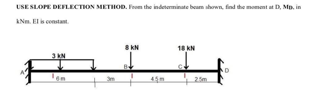 USE SLOPE DEFLECTION METHOD. From the indeterminate beam shown, find the moment at D, MD, in
kNm. EI is constant.
3 KN
6 m
3m
8 KN
B
4.5 m
18 KN
C
2.5m
D