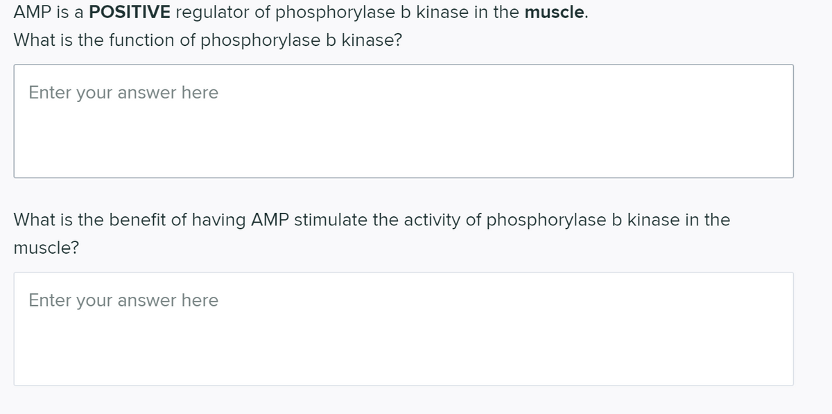 AMP is a POSITIVE regulator of phosphorylase b kinase in the muscle.
What is the function of phosphorylase b kinase?
Enter your answer here
What is the benefit of having AMP stimulate the activity of phosphorylase b kinase in the
muscle?
Enter your answer here
