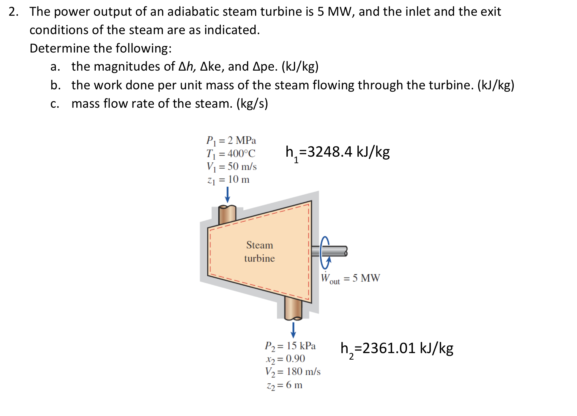 The power output of an adiabatic steam turbine is 5 MW, and the inlet and the exit
conditions of the steam are as indicated.
Determine the following:
a. the magnitudes of Ah, Ake, and Ape. (kJ/kg)
b. the work done per unit mass of the steam flowing through the turbine. (kJ/kg)
mass flow rate of the steam. (kg/s)
С.
P1 = 2 MPa
Tj = 400°C
V1 = 50 m/s
h,=3248.4 kJ/kg
Z1 = 10 m
%3D
Steam
turbine
Wout = 5 MW
P2= 15 kPa
X2 = 0.90
V2= 180 m/s
h,=2361.01 kJ/kg
72 = 6 m
