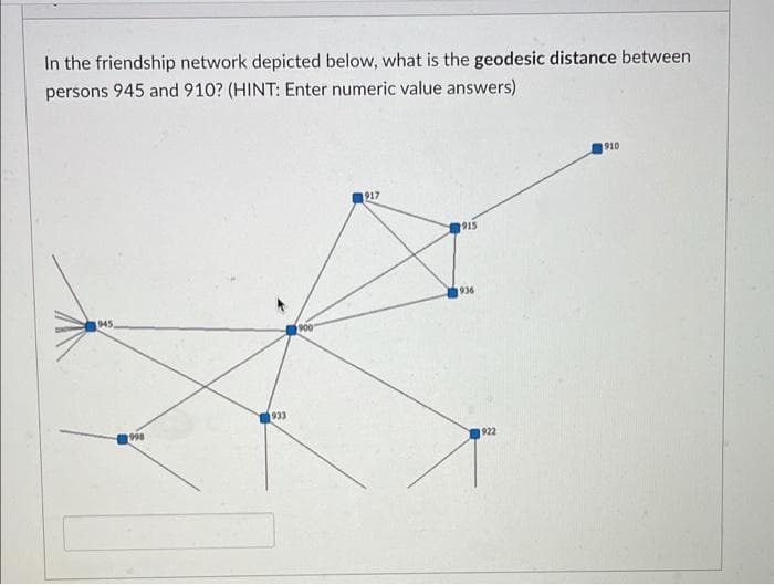 In the friendship network depicted below, what is the geodesic distance between
persons 945 and 910? (HINT: Enter numeric value answers)
910
1917
915
936
945,
900
933
998
922
