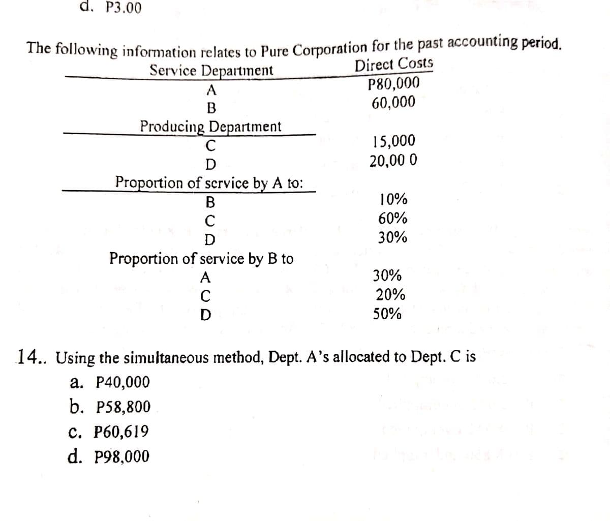 d. P3.00
The following information relates to Pure Corporation for the past accounting period.
Service Departinent
Direct Costs
P80,000
60,000
A
Producing Department
15,000
20,00 0
C
Proportion of scrvice by A to:
B
10%
60%
D
30%
Proportion of service by B to
A
30%
20%
50%
14.. Using the simultaneous method, Dept. A's allocated to Dept. C is
P40,000
b. P58,800
с. Рб0,619
d. P98,000

