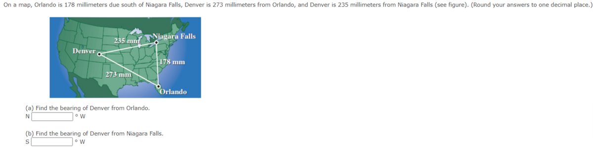 On a map, Orlando is 178 millimeters due south of Niagara Falls, Denver is 273 millimeters from Orlando, and Denver is 235 millimeters from Niagara Falls (see figure). (Round your answers to one decimal place.)
Niagara Falls
235 mm
Denver
|178 mm
273 mm
Orlando
(a) Find the bearing of Denver from Orlando.
N
(b) Find the bearing of Denver from Niagara Falls.
W
