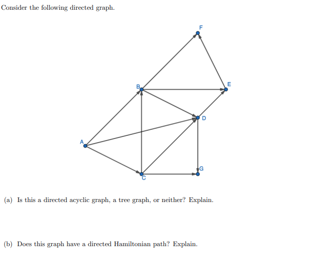 Consider the following directed graph.
F
E
D
(a) Is this a directed acyclic graph, a tree graph, or neither? Explain.
(b) Does this graph have a directed Hamiltonian path? Explain.
