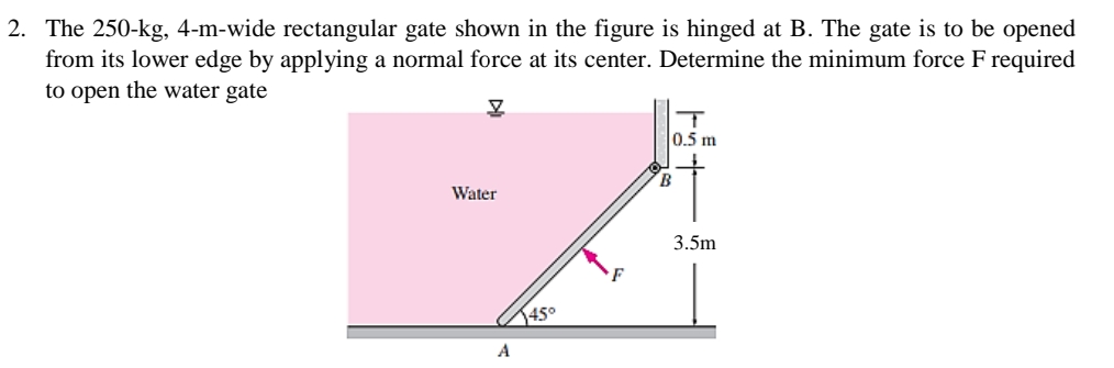 2. The 250-kg, 4-m-wide rectangular gate shown in the figure is hinged at B. The gate is to be opened
from its lower edge by applying a normal force at its center. Determine the minimum force F required
to open the water gate
Water
A
1450
F
B
T
0.5 m
3.5m