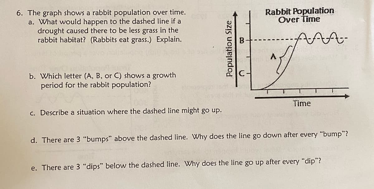 6. The graph shows a rabbit population over time.
a. What would happen to the dashed line if a
drought caused there to be less grass in the
rabbit habitat? (Rabbits eat grass.) Explain.
b. Which letter (A, B, or C) shows a growth
period for the rabbit population?
c. Describe a situation where the dashed line might go up.
Population Size
B
Moni
Rabbit Population
Over Time
Time
d. There are 3 "bumps" above the dashed line. Why does the line go down after every "bump"?
e. There are 3 "dips" below the dashed line. Why does the line go up after every "dip"?