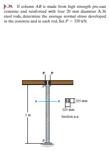 P39. If column AB is made from high strength pre-cast
concrete and reinforced with four 20 mm diameter A 36
steel rods, determine the average normal stress developed
in the concrete and in cach rod. Set P = 350 kN.
225 mm
zis mm
Section a-a
