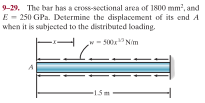 9-29. The bar has a cross-sectional area of 1800 mm', and
E - 250 GPa. Determine the displacement of its end A
when it is subjected to the distributed loading.
w - 500x" Nim
1.5m
