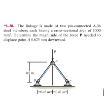 *9-28. The linkage is made of two pin-connected A-36
steel members, each having a cross-sectional area of 1000
mm. Determine the magnitude of the force P needed to
displace point A 0625 mm downward.
FO4S --45 m-|

