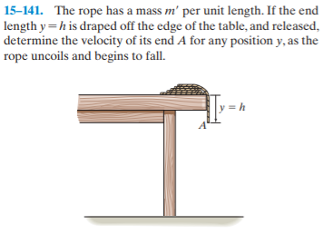 15-141. The rope has a mass m' per unit length. If the end
length y =h is draped off the edge of the table, and released,
determine the velocity of its end A for any position y, as the
rope uncoils and begins to fall.
